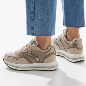 NWT VOILE BLANCHE MELANY Fur, Leather And Fabric Sneakers in Grey-Beige